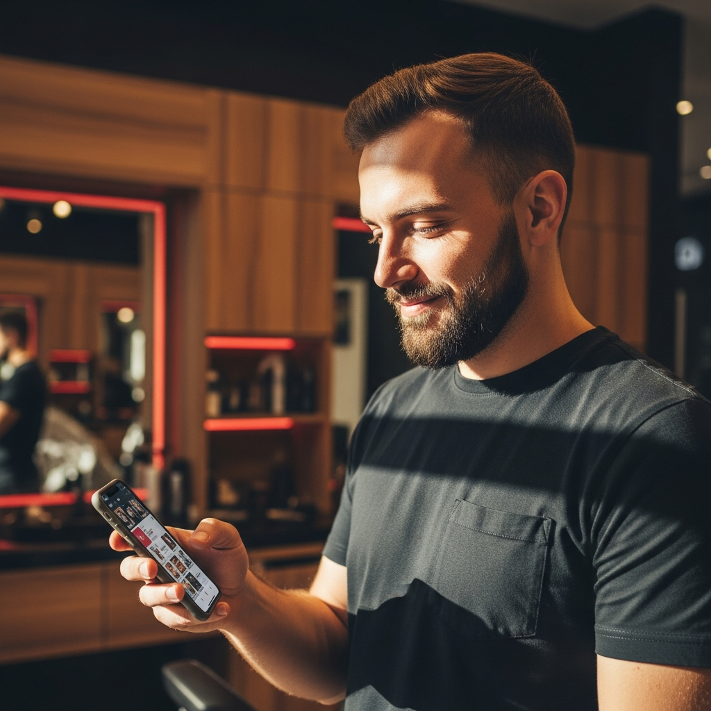 Dono de barbearia sorrindo enquanto confere as redes sociais do negócio no celular