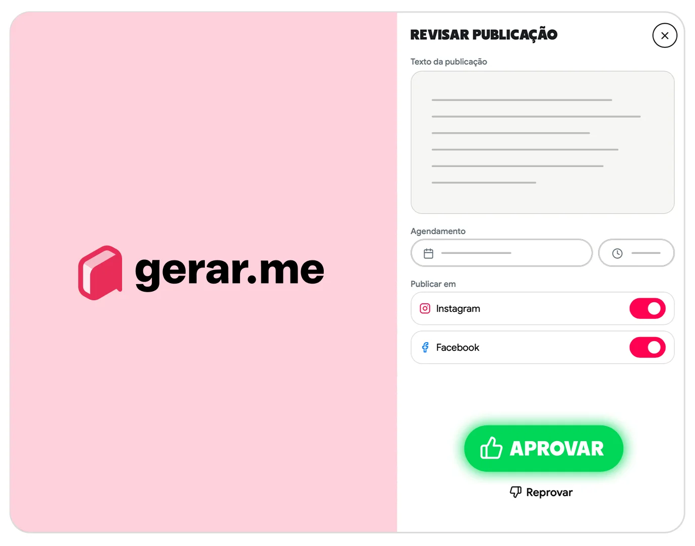 Tela de curadoria da Gerar.me com um post pronto para aprovar ou pedir uma nova versão