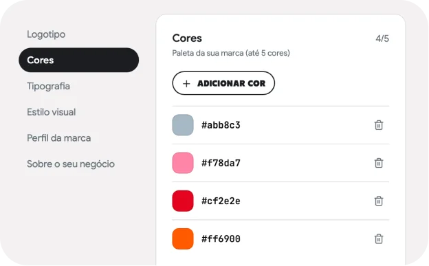 Painel de identidade da marca na Gerar.me, com as cores e o tom de voz do negócio